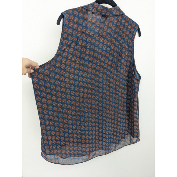 Cabi Blouse Womens XL Blue Ruffle Sleeveless Sheer Floral Geometric Pattern Top - Picture 4 of 9
